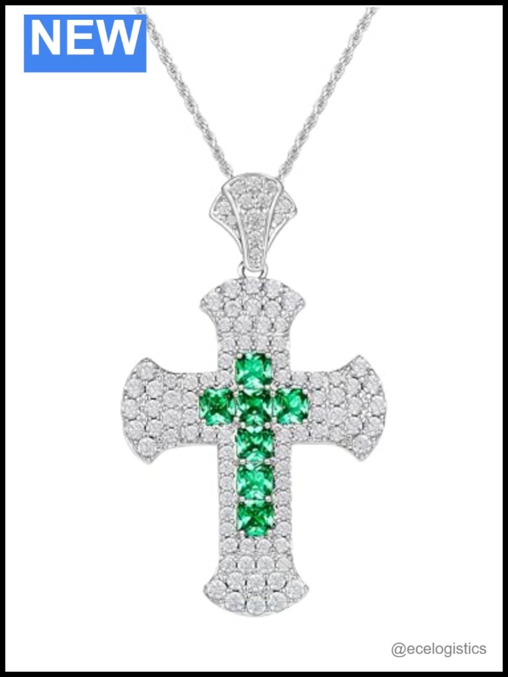 Moissanite & Created Emerald Cross Necklace 925 Sterling Silver Adjustable